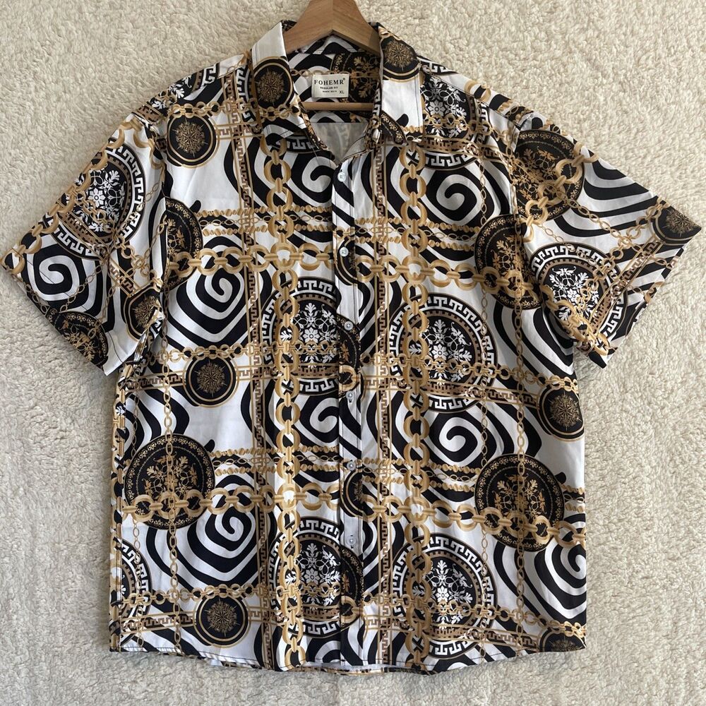 Fohemr Shirt Mens XL Black Gold Chains Regular Fit Short Sleeve Button Up Men
